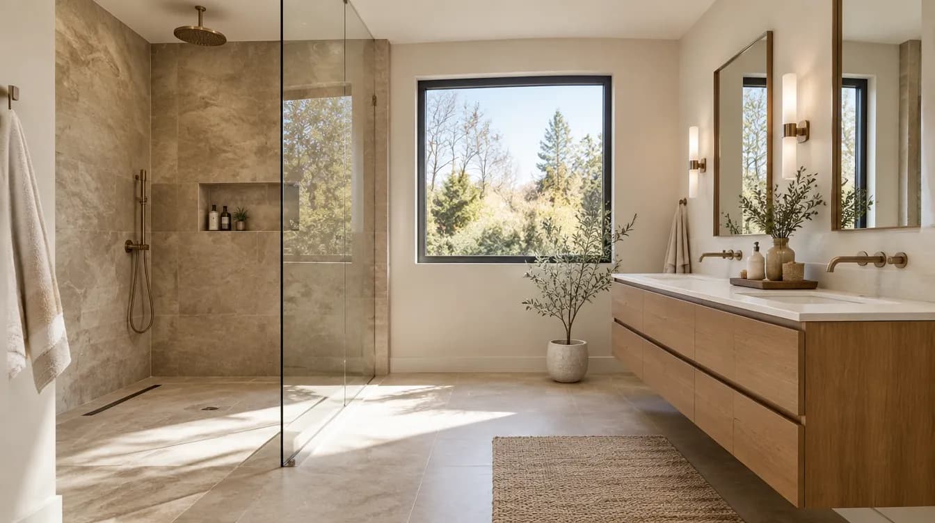 Finished modern bathroom with a walk-in glass shower, large-format tile, and a floating vanity
