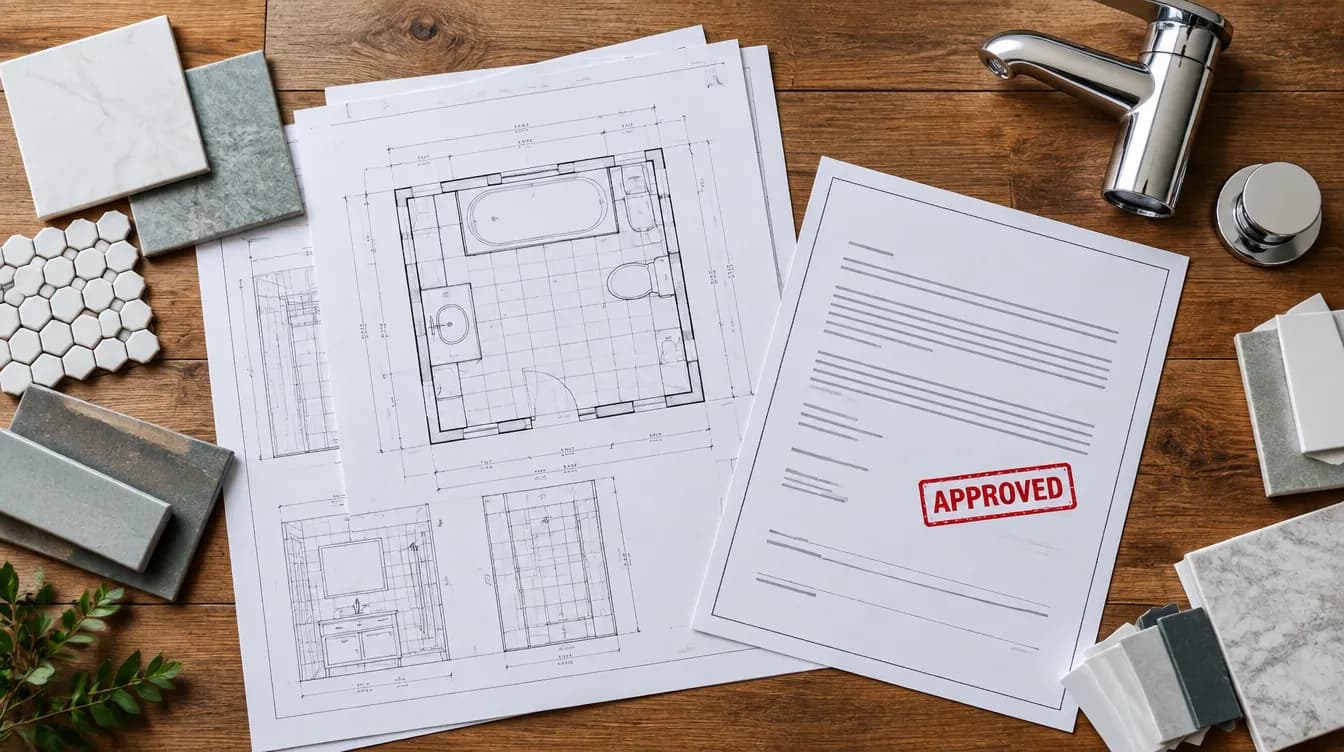 Architectural blueprints and a permit document laid out next to bathroom fixtures and tile samples