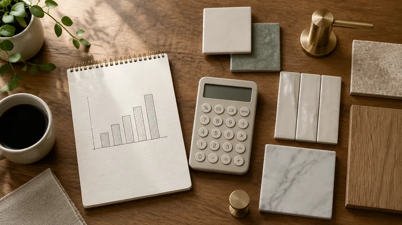 Budget notepad with a bar chart, calculator, and tile samples arranged on a table