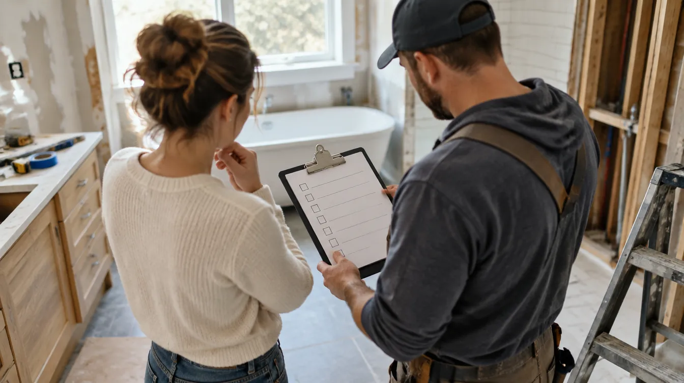 Homeowner and contractor reviewing a checklist together in a partially renovated bathroom