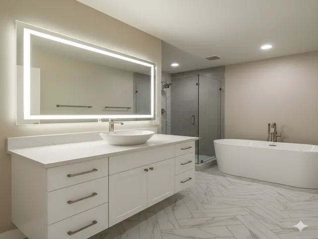Fully remodeled bathroom with new vanity, tile, and modern fixtures