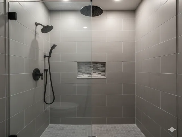 Modern walk-in shower with frameless glass and new tile after remodel