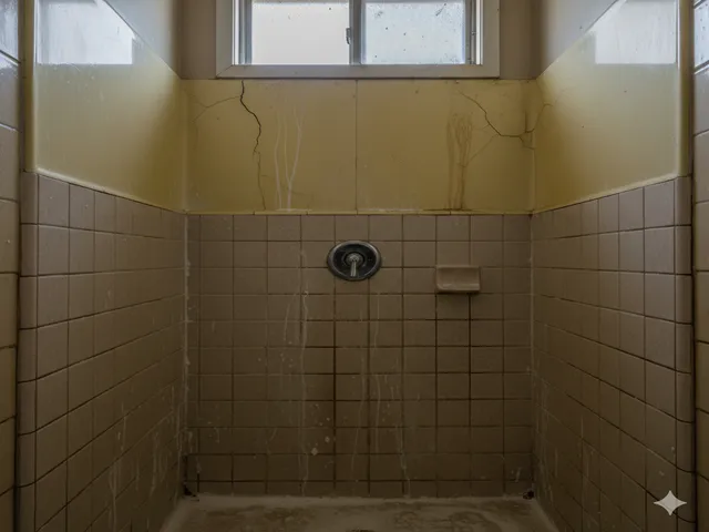 Dated shower with stained tile and old fixtures before remodel